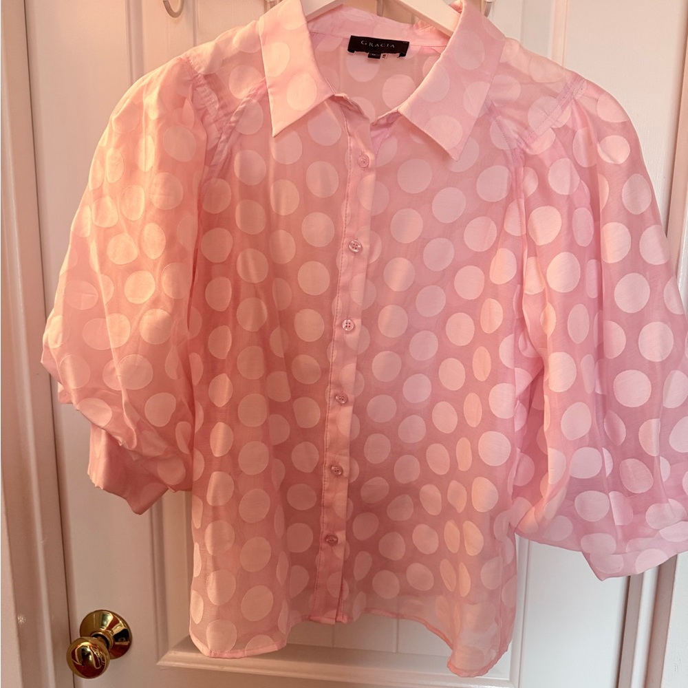 Elegant Pink Polka Dot Blouse by [Brand]